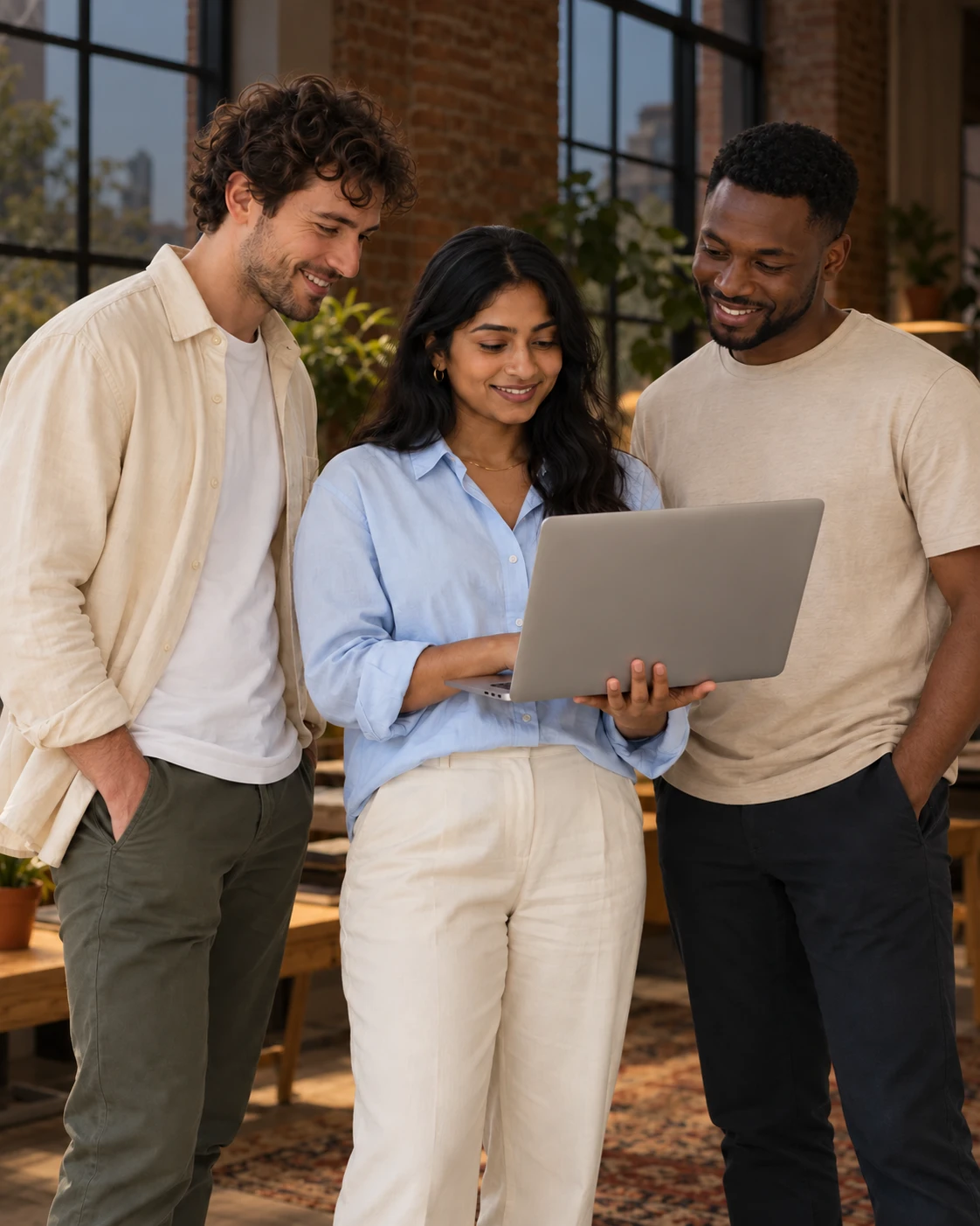 Three people reviewing information around a laptop in a sunlit studio