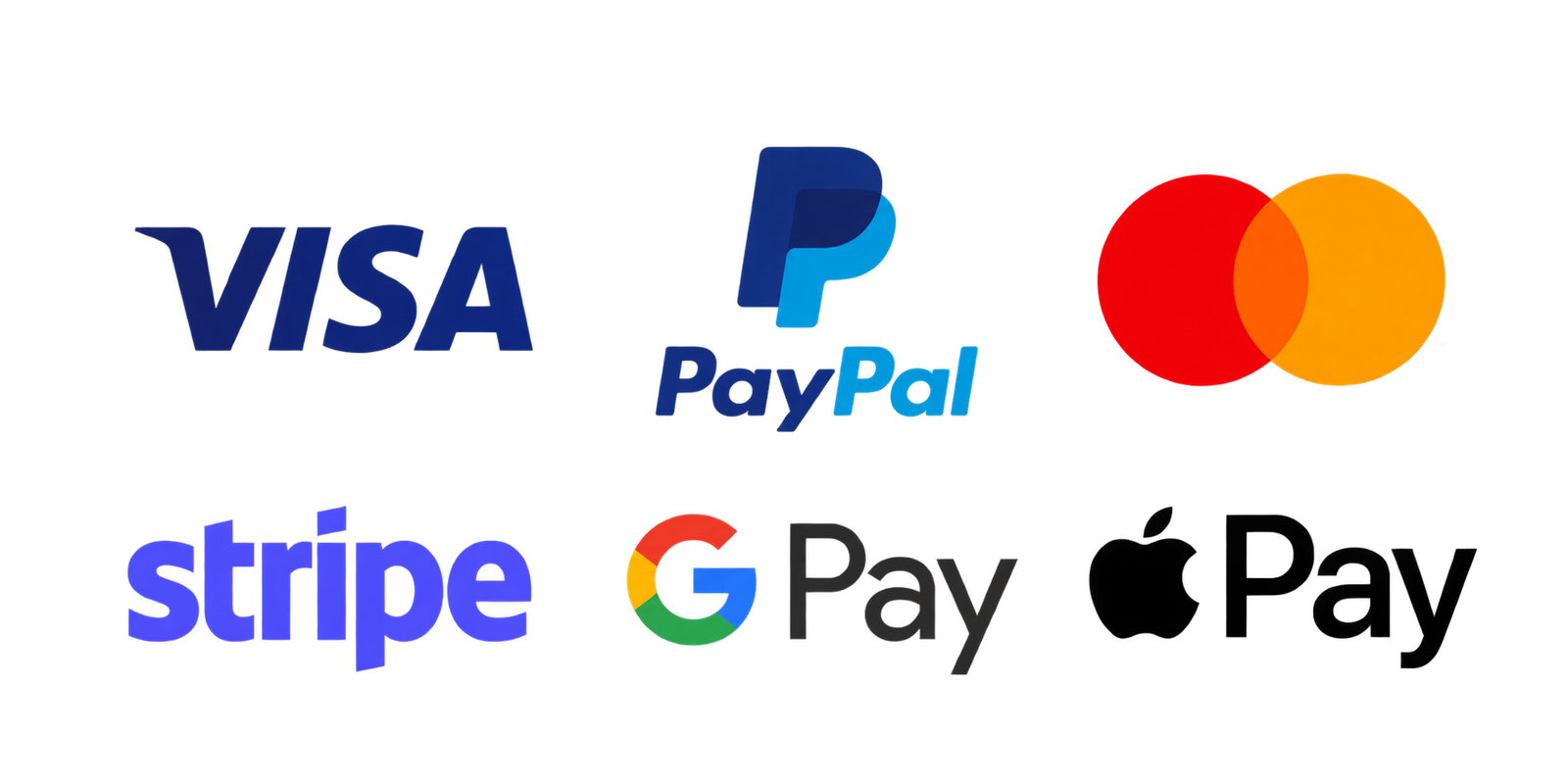 Payment methods: Visa, PayPal, Mastercard, Stripe, Google Pay and Apple Pay